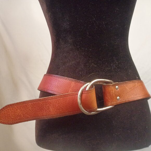 Vintage Wide Women's Belt Saddle Tan Leather w Double Loop Sliding Buckle - Picture 1 of 8
